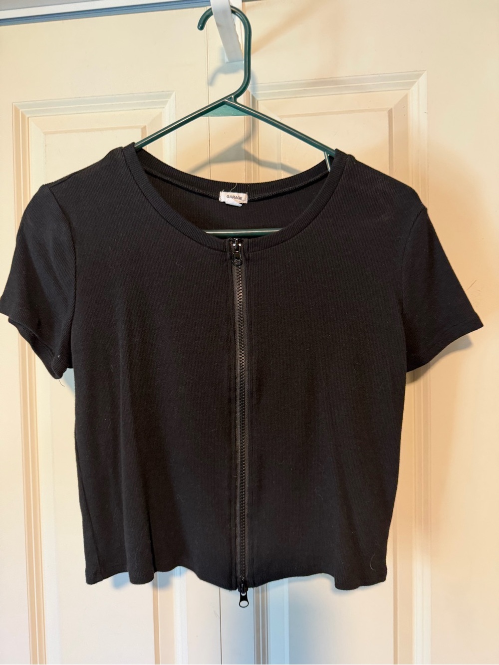 Garage Black Short Sleeve Zip-Front Crop Top